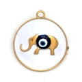 Golden round evil eye charm pendant featuring a detailed elephant motif for jewelry making - Round Elephant
