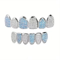 Hip hop grillz set with blue and white zircon stones in silver plating - 6-Teeth Full Set (with Molding Bar) / Blue and White Zirconia