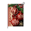 Christmas garden flag with Welcome text, ornaments and pine branch on faux linen - Christmas Ornaments