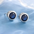 Classic round blue zircon stud earrings in polished silver finish for elegant women - Dark Blue