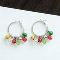 Detail of Christmas hoop earrings with colorful holiday bells and festive beads charm - Christmas Mixed Color Bell Hoop