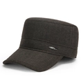 Men's dark brown wool flat top military cap with side metal leaf sports emblem - Adjustable / Coffee