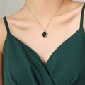 Vintage small cat-eye stone pendant necklace with silver chain and black oval gem - Large Black Pendant / Steel