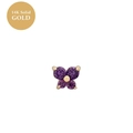 Detail view of 14K solid gold butterfly stud earring with four purple gemstones - February Amethyst Purple