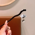 Elegant black sandalwood hair pin with fan-shaped ink bamboo pendant and pearls - 2# Ink Bamboo Fan