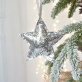 Stella di Natale scintillante con paillettes d'argento appesa a rami di pino innevati - 1 Pezzo / Argento