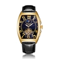 SEWOR tonneau mechanical men's watch with golden case, blue dial and black leather strap - Black Strap Gold Case Black Dial