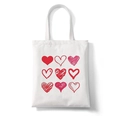 White canvas tote bag featuring nine red hand-drawn heart prints in a grid pattern - Diverse Hand-drawn Hearts Matrix