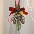 Christmas hanging ornament with red velvet bow, pine cones, and golden bells - Double Pine Cone Bell Hanging Ornament