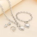 Silver stainless steel jewelry set with heart charms, necklace, bracelet, earrings and ring - Necklace+Bracelet+Earrings+Ring(Size 6) / Steel