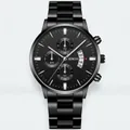 Classic men's black stainless steel chronograph watch with calendar and Geneva dial design - Black Silver With 3 O'clock Calendar