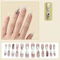Faux ongles longs luxe français avec paillettes argentées et motif rose 3D noire - Paillettes Argentées Marbre Rose Noire 3D (D557) / 24 Pièces/Ensemble