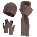 Brown winter 3-piece set featuring knit pompom hat, tassel scarf, and touchscreen gloves - Coffee (3-Piece Set)