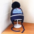 Navy blue kids knit beanie with blue dinosaur patch and large pompom on top - Dinosaur Ear Flap Navy Blue