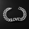 Bracciale a catena cubana argento con lettere LOVE in strass e chiusura a orologio - 21cm / Argento