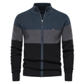 Detail of men's color-block knit cardigan with stand collar and metal logo badge - S / Emerald