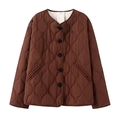 Veste matelassée minimaliste pour femme en coton marron foncé avec col rond et boutons - XS / Hauts / Café