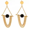 Golden vintage chain tassel earrings featuring elegant black onyx beads and boho design - Black Agate (KDE532)
