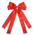 Detail shot of the glossy red satin double-layered bow hairclip with flowing long ribbons - Red