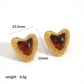 French vintage heart earrings in gold textured metal and amber resin 23.5mm x 25mm - Amber