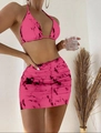 Detail of pink marble print bikini top and matching mesh skirt with vibrant pattern - S / Rose Red