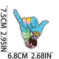 Tropical beach embroidery patch with coconut drink and palm tree design in hand gesture - Blue Gesture Scene Style (X15SD-095-16)
