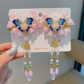 Ancient style hair clips with blue butterfly, pink flower, and long pearl tassels - Yushufen Blue Pink Clips