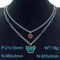 Collar de doble capa con corazón rojo y mariposa de malaquita en soporte negro - Estilo Mariposa Corazón Color Acero (KN230234-KFC)