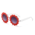 Kids round daisy sunglasses with transparent frame, red flowers, and purple lenses - Red Daisy (Adult)
