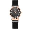 Women's rose gold quartz watch with black Milanese magnetic strap and leaf dial - Black Face Black Strap
