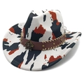 Detail of cow print western cowboy hat with studded leather band and metal star badge - M (56-58cm) / Fedora Top Cow Print White
