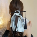 Oriental style hair stick set with black bamboo pin and monochrome ink wash fabric ribbon - 18# Hair Stick - White Bamboo Ribbon