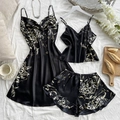 Three-piece black floral satin pajama set with slip dress, camisole and shorts - S / Black Cherry
