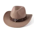 Detail of camel western cowboy felt hat with leather band and silver bull skull ornament - Strap Style / Camel