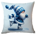 Blue gnome skating print on white square Christmas pillow cover for winter home decor - Gnome Ice Skating