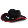 Vintage western cowboyhoed van zwart vilt met rode gevlochten rand en studs - M(56-58cm) / Zwart Met Rode Rand