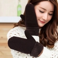 Thick warm dark brown knitted mittens with soft faux lamb wool cuffs for winter - Coffee