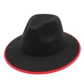 Classic black wool fedora hat with contrast red trim edge and flat wide brim for unisex - M (56-58cm) / Black