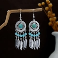 Bohemian silver drop earrings with turquoise beads and metallic feather tassels - Blue Silver (E6116-11)