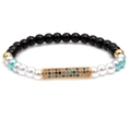 Tiger eye beaded bracelet with matte black beads and colorful zircon tube charm - Shiny Black+White+Light Blue+Gold