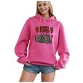 Women's rose pink hoodie with Merry and Bright print, kangaroo pocket, and drawstring - S / Tops / Rose Pink