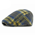 Classic newsboy cap featuring a grey, yellow, and blue plaid wool pattern from a side view - Fits 55-59CM Head Circumference / Style 3-Yellow Blue Plaid