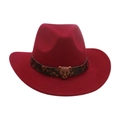 Classic red kids cowboy hat with leopard print band and bronze leopard head buckle - Adult [56-58cm] / Burgundy