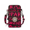 Black crossbody phone bag with pink graffiti print and dual zipper compartments - Coffee Alphabet Print