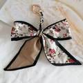 Floral camellia silk scarf ribbon keychain with gold ring in red and khaki colors - Floral Bow