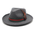 Detail of wool fedora hat with striped band and colorful real feather decoration - M (56-58cm) / Deep Heather Grey