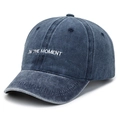 Vintage washed navy blue short brim baseball cap with IN THE MOMENT white embroidery - Adjustable / Blue