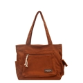 Brown corduroy tote bag for women featuring front zipper pocket and side compartments - Brown