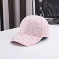 Pink baseball cap with floral embroidery and colorful rhinestones at a 45-degree angle - One Size / Pink