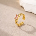 Adjustable gold plated stainless steel ring with rectangle pink zircon and braided band - Gold-Pink Zirconia (Rectangle)